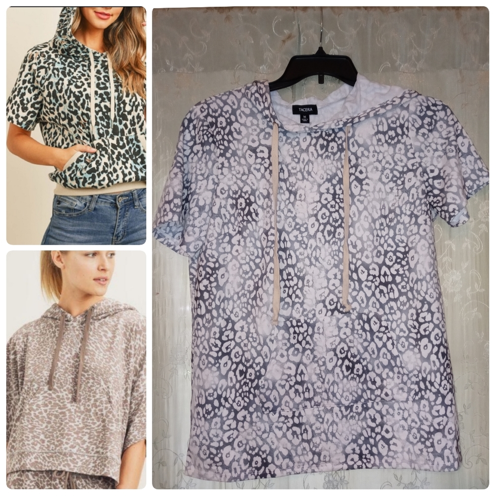 NWT Oversized Slouchy Boxy Leopard Print Short Sleeve Hoodie Women’s size Medium